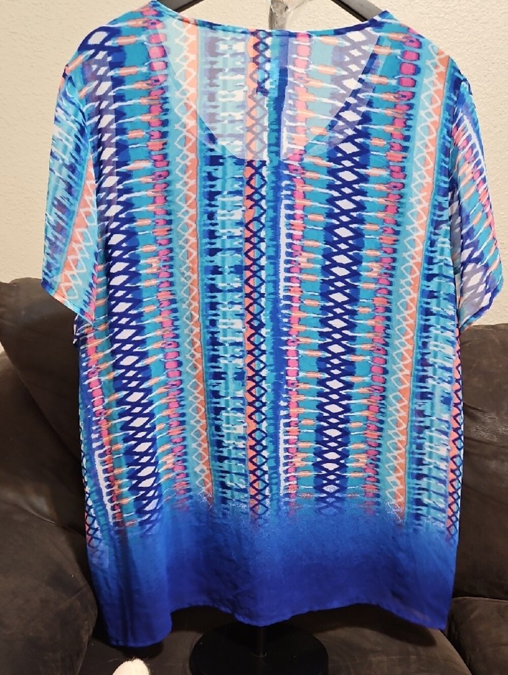Ruby Rd. Blue Multicolor Patterned V-Neck Tunic with Front Accent Buttons - Picture 4 of 5